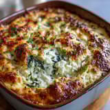 High Protein Spinach Artichoke Bake shows creamy texture with chopped spinach and artichoke hearts in a casserole.