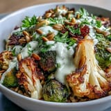 Drizzling creamy tahini-lemon dressing over a vibrant Roasted Brassica Bowl featuring warm roasted vegetables and hearty grains, ready to serve.