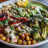 A hearty Vegan and Gluten-Free meal with lentils and chickpeas on fluffy quinoa, drizzled with tahini sauce.