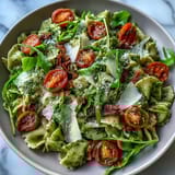 Vibrant pesto pasta salad featuring al dente fusilli, juicy cherry tomatoes, and basil pesto.  