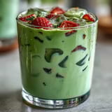 Two tall glasses filled with Strawberry Matcha Latte with Oat Milk, showing distinct layers of red strawberry, white oat milk, and green matcha, served over ice for a refreshing summer drink.