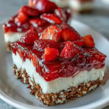 Bright red strawberry pretzel salad dessert bars topped with fresh berries, ready to chill.