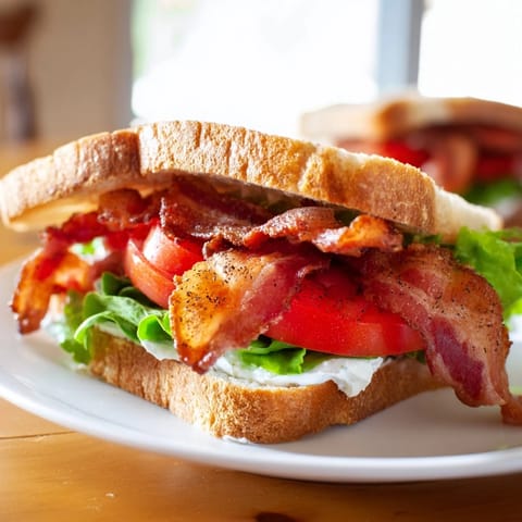 This BLT sandwich shows layers of fresh lettuce, bacon, and ripe tomato between toasted bread slices.