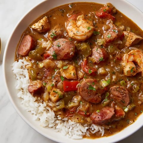Fragrant, rich gumbo with bits of sausage and vegetables, perfect for a cozy, satisfying meal.