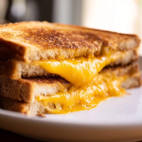 Golden brown grilled cheese sandwich, oozing melted cheddar, a delicious and easy American classic.
