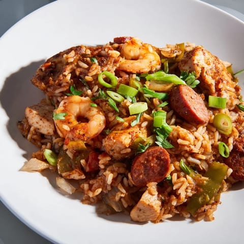 Savory Jambalaya with chicken, shrimp, and rice; a close shot revealing the delicious textures.