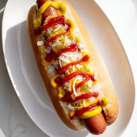 Juicy grilled hot dogs piled high in toasted buns, bursting with flavors of mustard and a fresh onion bite.