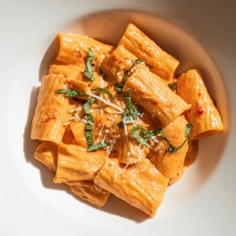 Perfectly plated Spicy Rigatoni Pasta glistens with rich sauce, melted Parmesan, and a sprinkle of red pepper flakes for a comforting Italian-American dinner.