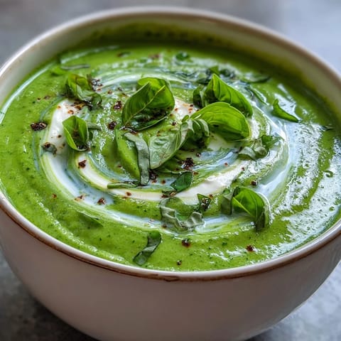 Bright green courgette pea and pesto soup swirls in a white bowl, topped with a dollop of crème fraîche and fresh basil leaves.  