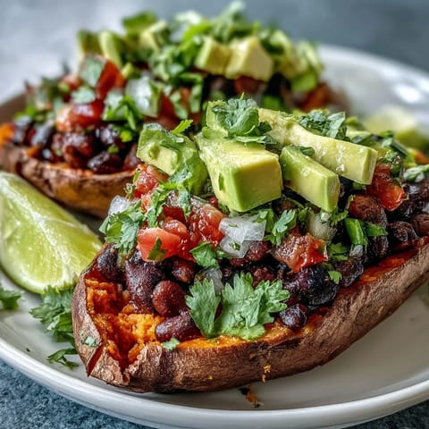 Roasted sweet potatoes filled with smoky chipotle black beans and fresh, zesty tomato salsa, topped with creamy avocado slices for a vibrant, fiber-rich vegetarian meal.
