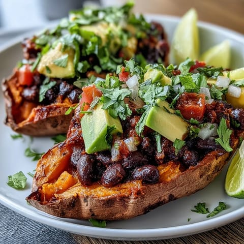Golden roasted sweet potatoes topped with warm, smoky chipotle black beans and a bright, lime-infused tomato salsa, creating a delicious, colorful, and wholesome main dish.
