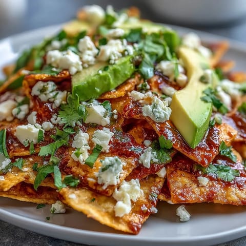 Golden, crispy tortilla chips coated in vibrant green salsa, topped with a runny egg, crumbled queso fresco, fresh cilantro, and sliced avocado.  