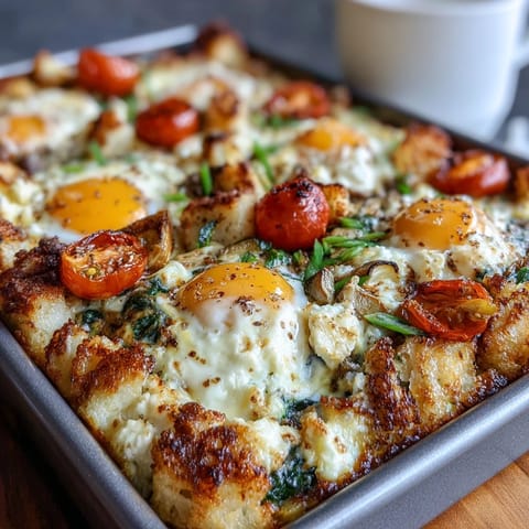 Fluffy High-Protein Sheet Pan Eggs With Cottage Cheese and Veggies are golden and set, dotted with red bell peppers and spinach.  