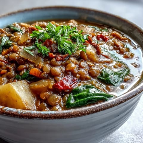 A close-up of steaming Vegetarian Lentil Stew in a rustic bowl, garnished with fresh parsley and lemon wedges. 
