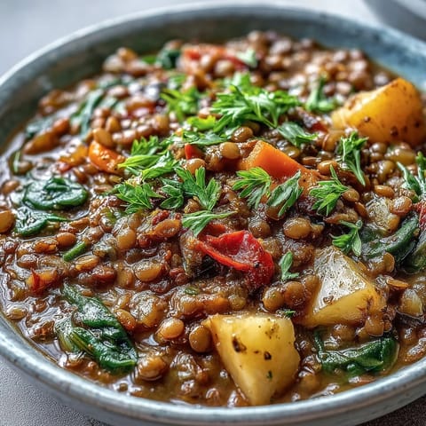 Hearty Vegetarian Lentil Stew simmering in a pot with carrots, potatoes, and spinach, ready to serve. 