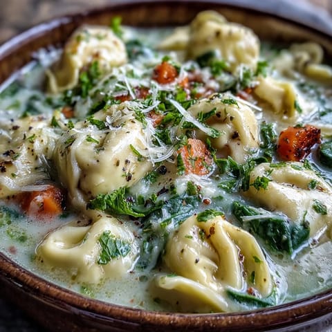 Hearty Easy Tortellini Soup With Chicken Broth simmering with carrots, spinach, and cheesy tortellini for a cozy meal.