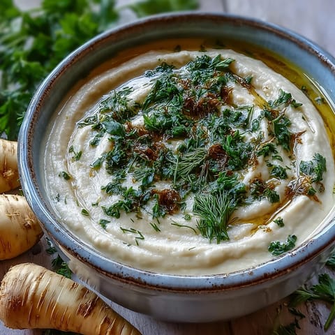 Creamy roasted parsnip and herb soup served warm with fresh herbs and a drizzle of olive oil.