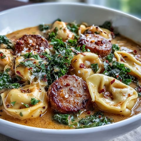 Creamy Pumpkin Tortellini Soup with Chicken Sausage and Kale served hot in a rustic bowl, garnished with Parmesan and parsley.