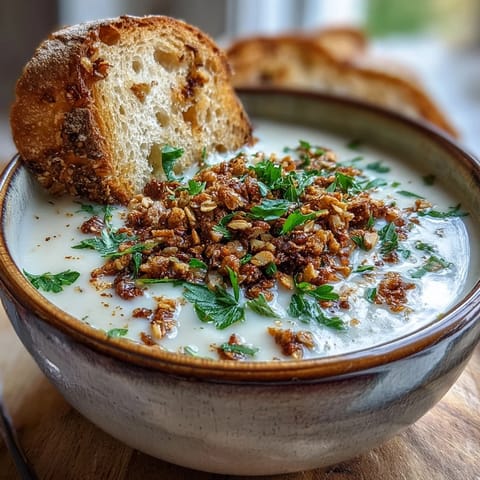 Silky smooth celeriac soup topped with crunchy toasted hazelnut crumble and parsley garnish.