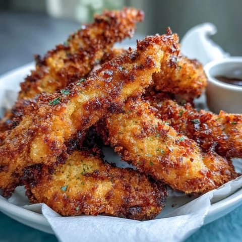 Crispy Turmeric Chicken Tenders on a plate with a creamy yogurt dip and fresh lemon wedges for serving.
