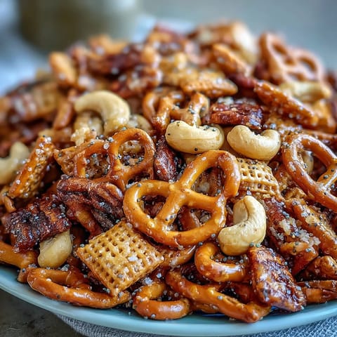 This easy homemade Everything Ranch Cheese and Pretzel Snack Mix is piled high in a rustic ceramic bowl, showcasing crunchy rye chips and golden pretzels tossed in melted butter and tangy spices, ready to serve.