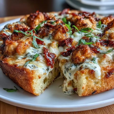 Sliced Marry Me Chicken Pizza reveals a saucy, creamy chicken filling and melted mozzarella on a rustic cutting board.