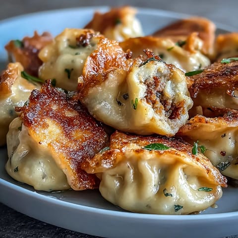 Golden-brown Smash Dumplings sizzling in a skillet with crispy edges and savory pork filling.