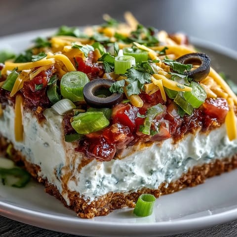 Four-Way Layered Dip served in a glass bowl, showing distinct colorful layers topped with cheddar cheese, black olives, and green onions.