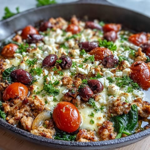 A steaming one-pan Mediterranean keto dinner featuring ground chicken with bright cherry tomatoes and fresh parsley garnish.
