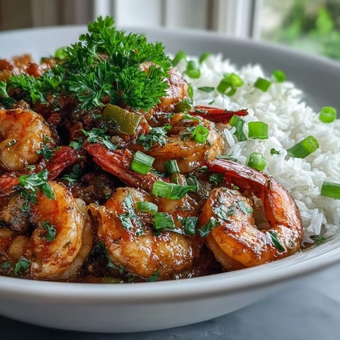 A close-up of Classic New Orleans Étouffée featuring shrimp in a rich, dark roux served over fluffy white rice.