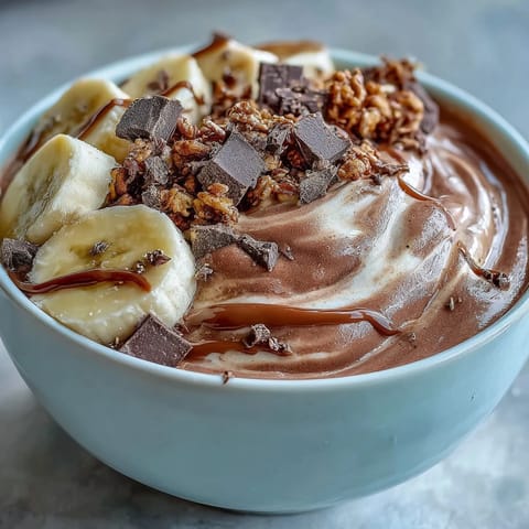 Decadent Chocolate Peanut Butter Smoothie Bowl served in a white bowl with a luscious peanut butter drizzle.