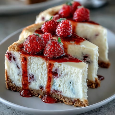 Indulgent White Chocolate Raspberry Cheesecake Bliss sliced and ready to serve on a white plate, garnished with fresh berries.