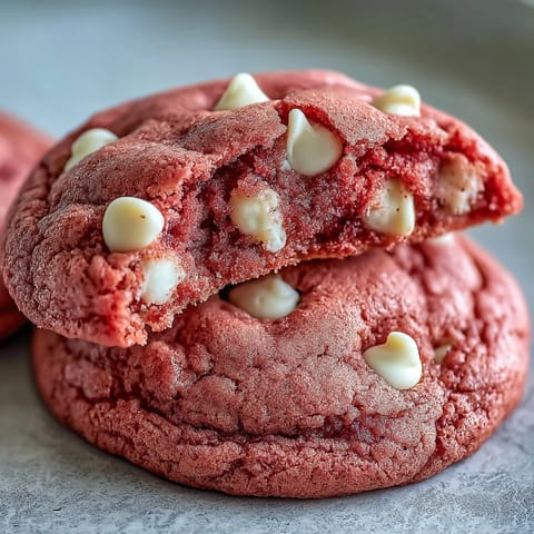Soft, chewy Pink Velvet Cookies are studded with creamy white chocolate chips.