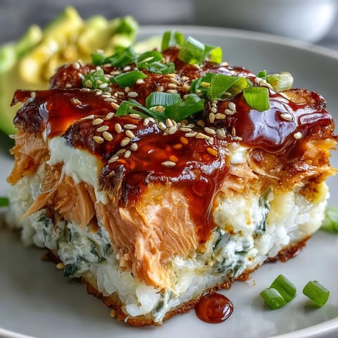 Creamy spicy salmon and sushi rice casserole garnished with mayo drizzle and nori, perfect for a family weeknight meal.