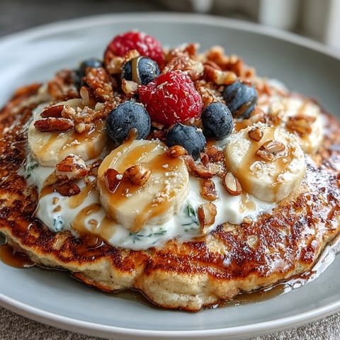 Stir together the creamy Greek yogurt and sweet honey that generously top this hearty Protein Pancake Bowl for breakfast.
