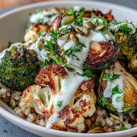 Golden, crispy roasted broccoli, cauliflower, and Brussels sprouts from this Roasted Brassica Bowl rest on fluffy quinoa, garnished with pumpkin seeds and fresh parsley.
