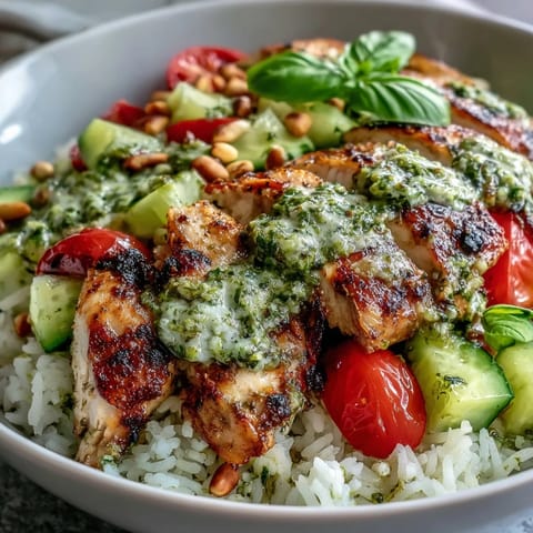 Juicy pesto chicken bowl with fluffy rice, avocado, cherry tomatoes, and crunchy pine nuts on a white plate.