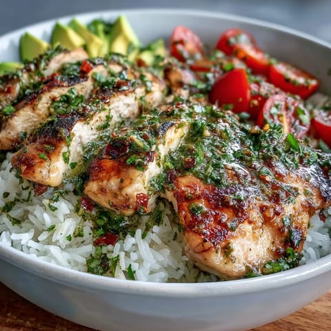Grilled chimichurri chicken slices fanned over fluffy rice with vibrant cherry tomatoes, avocado, cucumber, and fresh herbs.