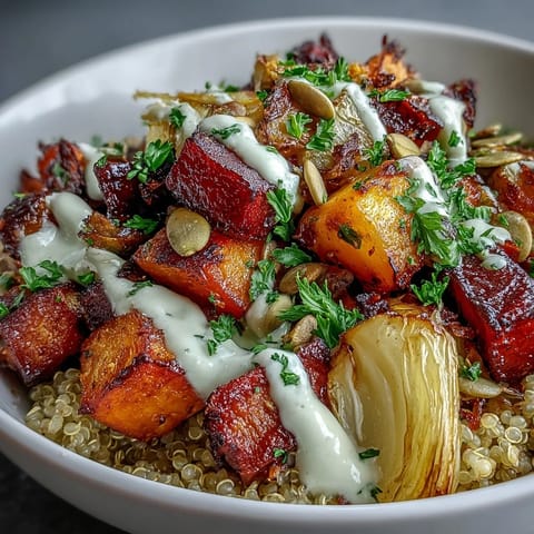 Golden roasted carrots, beets, and turnips on a fluffy quinoa base, drizzled with creamy tahini sauce and fresh parsley for a wholesome vegetarian meal.