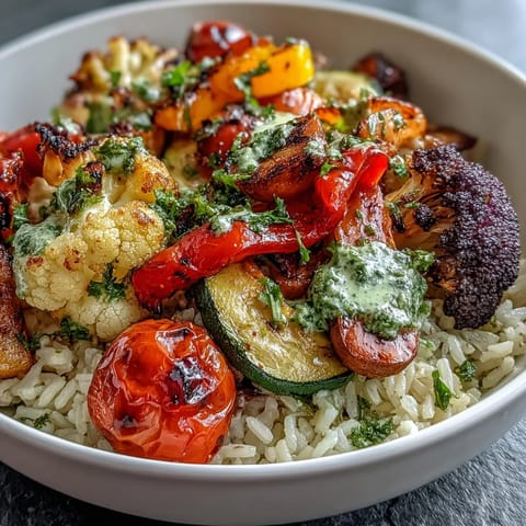 Rainbow Roasted Vegetable Bowl with vibrant, caramelized veggies over fluffy brown rice, drizzled with fresh herb sauce.