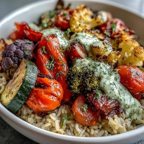 A close-up of our Rainbow Roasted Vegetable Bowl, highlighting colorful produce and a bright green, fresh herb drizzle.