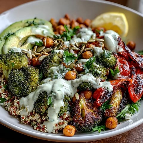Roasted red bell peppers and broccoli fill this Vegetable and Legume Bowl beside creamy avocado and pumpkin seeds.