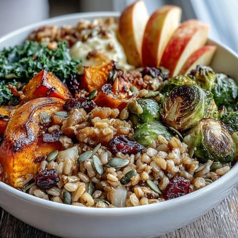 Fall Vegetable Bowl with roasted butternut squash and Brussels sprouts, topped with kale, sliced apples, and pepitas, served warm in a white bowl.