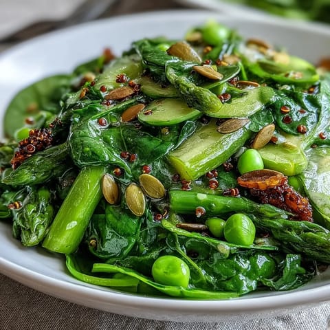 Colorful Spring Green Bowl featuring blanched asparagus, green beans, and quinoa, garnished with fresh herbs and feta crumbles.  