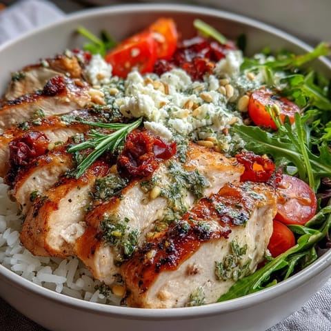 Sun-Dried Tomato Chicken Bowl with marinated chicken, rice, and fresh greens for a wholesome, Mediterranean-inspired meal.  