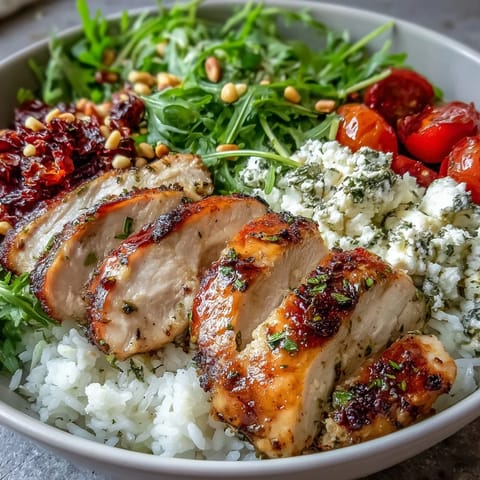 Juicy chicken breast marinated in sun-dried tomatoes, served over fluffy rice with crisp salad greens and feta.  