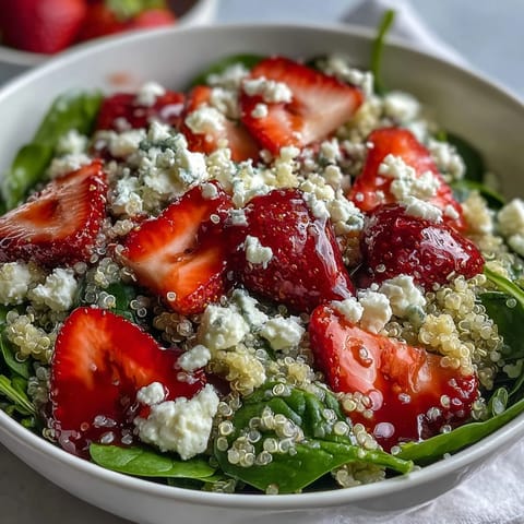 Fresh strawberry and feta quinoa salad with baby spinach, toasted almonds, and balsamic dressing in a white bowl.  