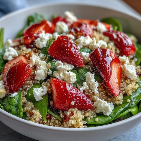 Vibrant quinoa salad featuring ripe strawberries, crumbled feta, and crisp spinach, topped with toasted almonds and tangy balsamic vinaigrette.  