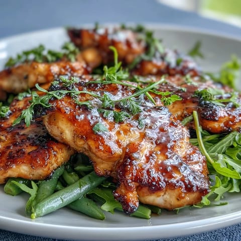 Honey Mustard Chicken with Green Beans served on a rustic wooden board, golden chicken glazed in tangy honey mustard sauce beside vibrant green beans.