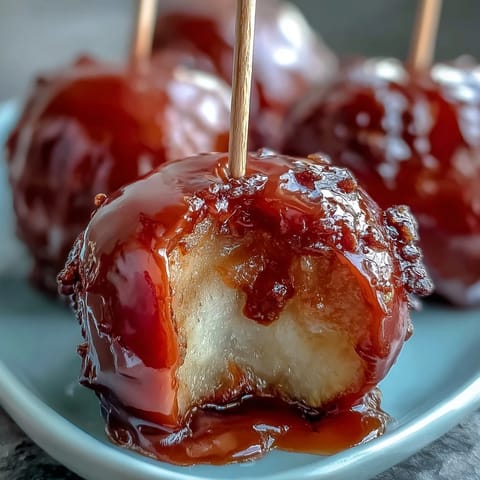 1. Colorful candy-coated mini apple bites on toothpicks, perfect for festive parties and kid-friendly snacking.  